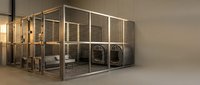 Industrial metal wire mesh storage cage with security fencing in modern warehouse facility for equipment protection and organized inventory management.