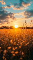 Golden sunset over wildflower meadow with dramatic clouds and warm bokeh effect, creating atmospheric rural landscape at magic hour. Soft focus flora silhouettes against glowing sky.