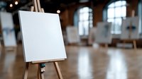 Empty white canvas on wooden easel in spacious art studio with large windows and natural lighting, ready for creative inspiration and artistic expression.