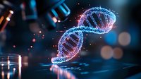 Glowing DNA helix structure with blue and pink neon particles floating in dark space, scientific molecular background for genetics and biotechnology research.