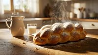 Freshly baked braided challah bread with golden crust steaming on wooden cutting board in warm sunlit kitchen with milk pitcher and glass.