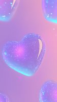 Glowing blue heart with sparkles floating on pink gradient background. Dreamy holographic effect creates magical atmosphere for romantic designs and valentines projects.