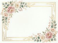 Elegant floral frame with roses, peonies, and greenery in soft pink and cream tones. Gold border design on white background, ready for wedding invitations, greeting cards, and stationery projects.