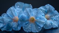 Delicate blue morning glory flowers with water droplets on petals against dark background, creating ethereal and dreamy macro photography effect.