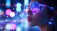 Young Asian woman wearing round holographic sunglasses reflecting neon lights against blurred night city bokeh background with purple and blue glowing effects.