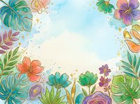 Colorful watercolor floral frame with tropical leaves, gold outlines, and pastel sky background, perfect for cards, invitations, and social media.