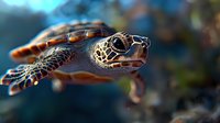 Green sea turtle swimming in clear blue ocean water with sunlight creating magical bokeh effect, close-up portrait showing detailed scales and eye expression.