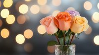 Fresh pink, peach and yellow roses in glass vase against blurred bokeh lights background creating romantic mood for celebration, love or special occasion.