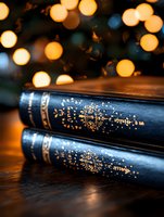 Vintage blue leather books with gold ornate details stacked on wooden surface against blurred warm bokeh lights creating magical cozy atmosphere.