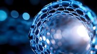 Futuristic nanotechnology structure with glowing blue hexagonal pattern and bokeh lights in dark background, representing molecular science and innovation.