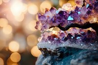 Purple amethyst crystal formation with natural light bokeh background creates magical atmosphere, raw mineral structure shows detailed crystalline patterns.