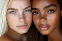 Two diverse young women with natural makeup showcasing different skin tones and beauty in close-up portrait for skincare and cosmetics advertising campaigns.
