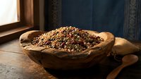 Rustic wooden bowl filled with roasted coffee beans on vintage table near window with warm natural lighting for cafe and kitchen decor concepts.