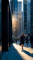 Professional businesswoman walking through urban financial district during golden hour with modern skyscrapers and city commuters in background.