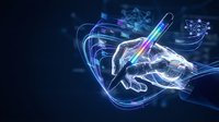 Futuristic digital hand holding glowing pen with holographic data streams and light effects on dark blue background for technology design concepts.