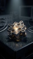Ornate golden metallic star-shaped pendant with intricate relief detailing sits on dark stone surface in laboratory setting with blurred scientific equipment in background.