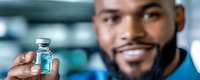 African American male scientist holding medical vial in laboratory setting. Healthcare professional examining pharmaceutical sample for research and development.