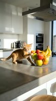 Ginger tabby cat standing on kitchen counter next to bowl of fresh apples and bananas, modern white cabinetry and stainless steel appliances in background, natural sunlight.