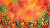 Vibrant watercolor border of red, orange and yellow peppers with green leaves on warm gradient background, suitable for culinary designs and food packaging.