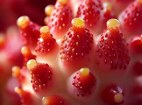 Extreme macro photography of fresh ripe strawberry surface showing detailed texture of seeds and flesh in vibrant red color with natural lighting and soft focus background.