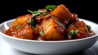 Spicy glazed potato curry with fresh herbs in white bowl on dark background, traditional Indian vegetarian dish ready for serving.