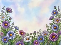Watercolor wildflower border with purple daisies and green stems on pastel sky background. Floral frame design for greeting cards and decorations.