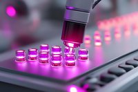 Laboratory research with pink illuminated vials in automated analysis system. Modern medical equipment for scientific testing and diagnostics in clinical lab.
