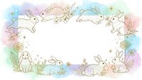 Cute rabbits frame with watercolor background and floral elements for spring Easter greeting cards and baby shower invitations.