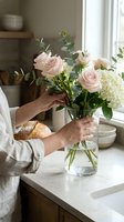 Woman arranging fresh pink roses and white hydrangeas in glass vase on kitchen counter. Hands placing flowers in bright modern home interior.