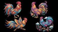 Colorful ornate roosters set with folk art floral details, isolated on transparent background, ready for t-shirt design, stickers, clipart, sublimation, and print on demand.
