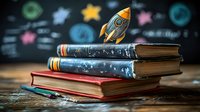 Stack of vintage books with golden rocket on top against chalkboard background with stars and space doodles, concept of education, imagination and learning journey.