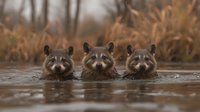 Three curious raccoons swimming in water with heads above surface, creating symmetrical composition against blurred autumn background in natural habitat.