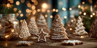 Festive gingerbread cookies with white icing decoration including Christmas trees and stars on wooden table with warm bokeh lights background.