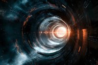 Futuristic tunnel with glowing light at end creates dramatic perspective through metallic circular corridor with technological details and mysterious atmosphere.