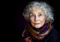 Portrait of senior woman with silver curly hair and warm smile wearing colorful scarf against dark background, radiating wisdom and contentment in dramatic lighting.