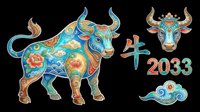 Colorful ornate ox with floral and cloud patterns, Chinese zodiac bull head, 2033 text, and cloud element, isolated on transparent background for stickers, clipart, sublimation.