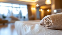 Rolled soft towel on bed in luxury hotel room with warm ambient lighting and blurred background showing window and modern decor details.