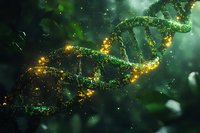Glowing DNA helix with golden particles and green light effects, representing genetic research, biotechnology, and scientific innovation in molecular biology.