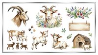 Goat farm animals collection with floral wreaths, wooden signs, and rustic barn isolated on white background, ready for design projects.