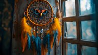 Native American dreamcatcher with orange and blue feathers hanging by window, traditional spiritual decoration for bedroom or meditation space.