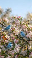 Blue birds perched on blooming apple tree branches with pink flowers and colorful butterflies in spring garden scene for nature and wildlife themes.