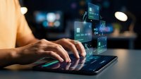 Male hands typing on tablet with holographic digital interface screens floating above device in modern office environment for business technology applications.