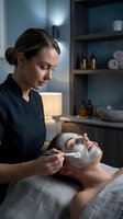 Professional esthetician applying facial mask treatment to relaxed client in modern spa setting with ambient lighting and wellness products.