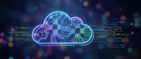 Cloud computing network with circuit board patterns and data connections. Neon glowing cloud icon surrounded by digital lines and tech elements for technology, infrastructure, and data storage concepts.