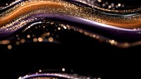 Flowing golden and purple waves with sparkling particles on black background, suitable for luxury branding, event promotions, and elegant design projects.