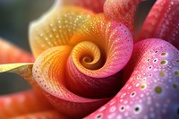 Vibrant spiral pattern in pink, orange and yellow hues with delicate water droplets creating magical abstract macro photography effect. Suitable for wall art.