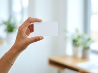 Young adult male with medium brown skin tone holding blank white card in modern office environment with natural lighting and blurred background for business branding mockup.