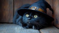 Black cat wearing witch hat with bright green eyes lying on wooden surface, mystical halloween mood for seasonal greeting cards and decorative designs.