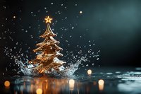 Golden Christmas tree ornament splashing into water with dramatic lighting and bokeh effects creating festive holiday atmosphere for seasonal campaigns.