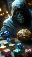 Hooded fantasy creature playing tabletop games with colorful dice and ornate sphere in atmospheric tavern setting with warm lighting.